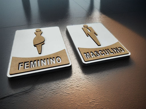 2 Placa de sinalização de sanitários masculino feminino 20x15cm Mdf